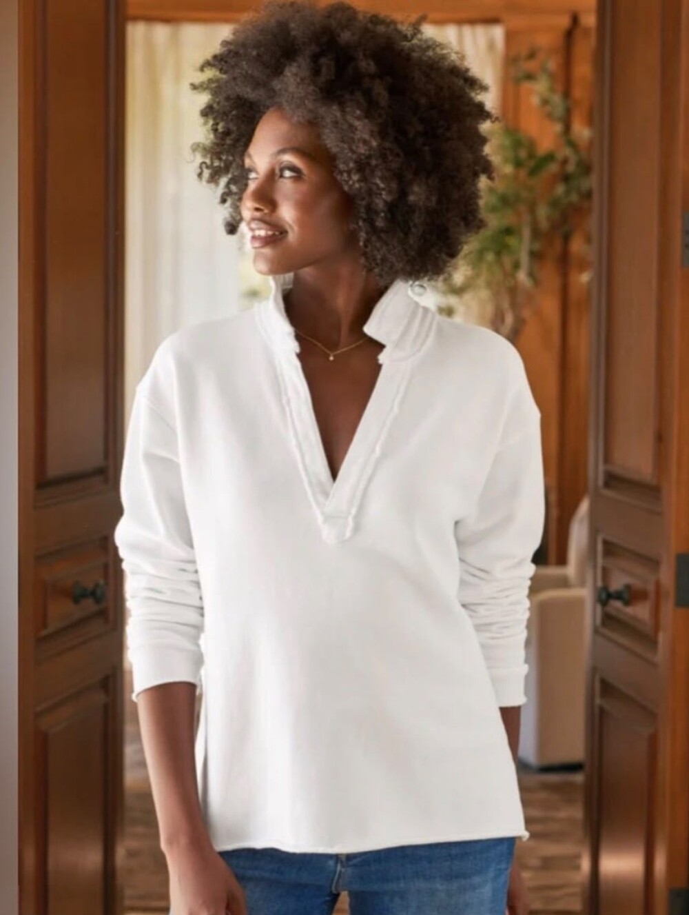 NWOT Frank & Eileen Patrick Popover Henley Triple Fleece White Pullover